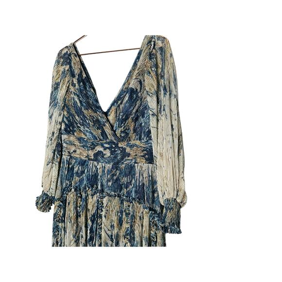 RENE RUIZ COLLECTION Blue Gold Swirled Floral Flowing Tiered Boho Maxi Dress 12 - Picture 9 of 16